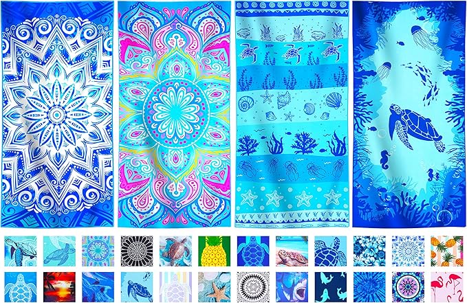 4 Packs Lightweight Thin Microfiber Beach Towel Oversized Quick Dry Compact Sandproof Clearance Towels Sand Free Camping Swimming Pool Easy Pack Travel Women Adults Bohemian Blue Turtle Starfish