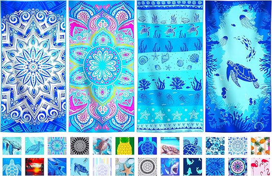 4 Packs Lightweight Thin Microfiber Beach Towel Oversized Quick Dry Compact Sandproof Clearance Towels Sand Free Camping Swimming Pool Easy Pack Travel Women Adults Bohemian Blue Turtle Starfish