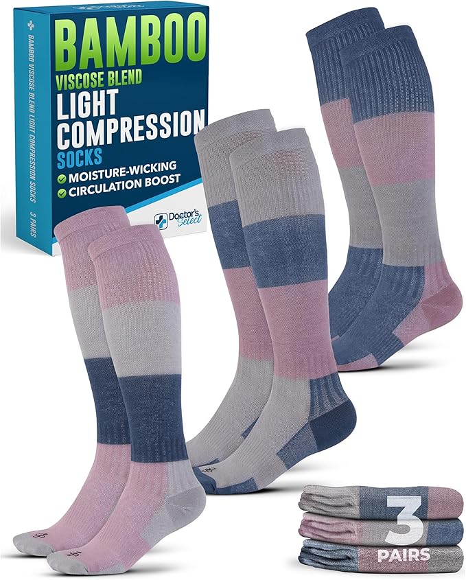 Doctor's Select Bamboo Viscose Light Compression Socks for Women & Men - 3 Pairs, 8-15 mmHg Compression Socks, Knee High