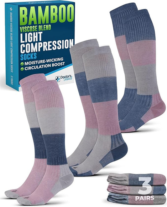 Doctor's Select Bamboo Viscose Light Compression Socks for Women & Men - 3 Pairs, 8-15 mmHg Compression Socks, Knee High