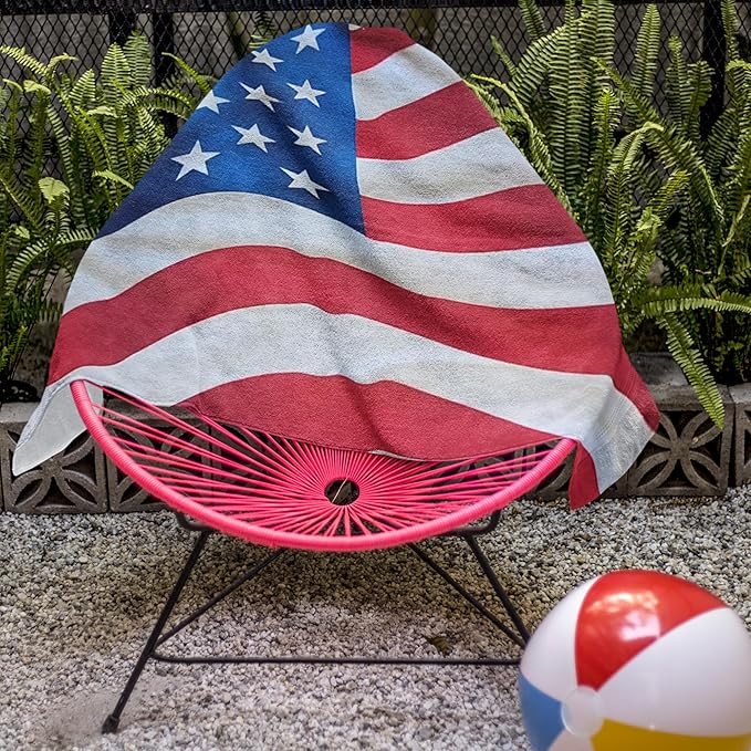 Waving USA Flag Beach Towel 30”x60” – 100% Cotton Velour, Highly Absorbent, Fast Drying, Easy Pack for Spring Break, Vacation, Beach, Pool, Sunbathing – Lightweight, Compact for Travel - Novelty Gift