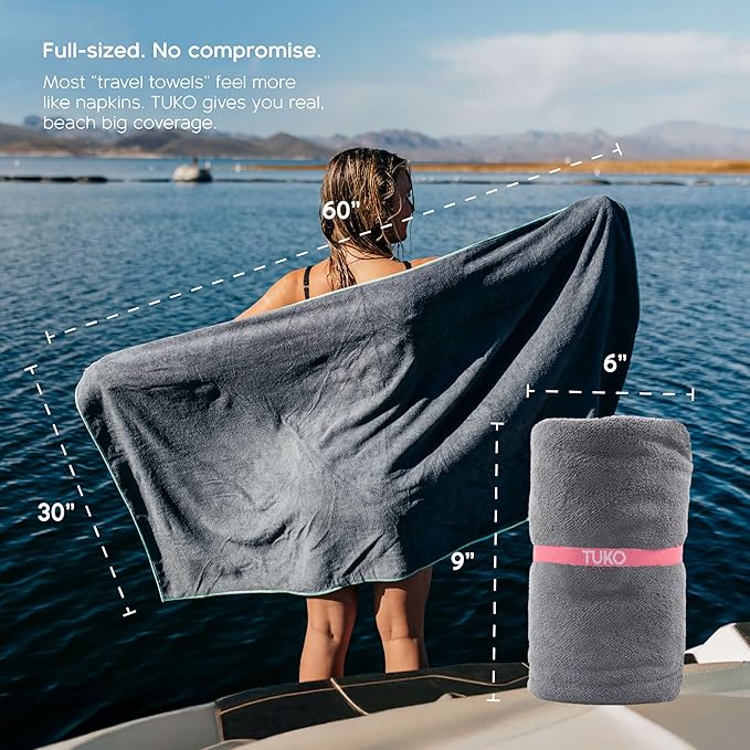 MISSION Tuko Microfiber Beach Towel Set with Water-Resistant Carrying Case for Boating and Swimming (Teal Bag Holder, 60L x 30W, Set of 2)