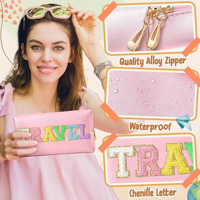 CY2SIDE TRAVEL Letter Makeup Bag - Colorful Chenille Letter Patch Cosmetic Bag Pink PU Leather Patch Pouch Waterproof Portable Zipper Travel Organizer Christmas Idea Gifts for Women Girls, Pink