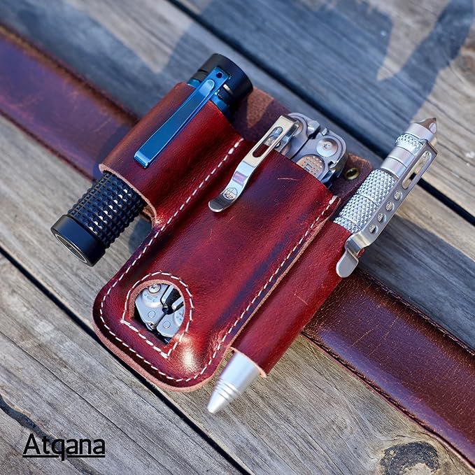 EDC Pocket Organizer For Belt (Premium Leather) - Urban Tool Holster | Multitool Sheath | Tactical Belt Knife Pouch with Belt Clip (Extra Dark Brown) by ATQANA®
