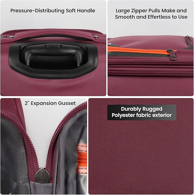 2-Piece Set (22in/28)Softside Expandable 20% Luggage w/Spinner Wheels,Front Opening Softside Luggage Sets w/TSA LOCK,Lightweight Durable Rolling Luggage for Men/Women（Burgundy,22in/28in）