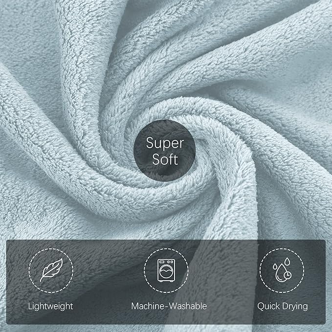 TENSTARS Microfiber Coral Velvet Luxury Silk Hemming Towel Set - Light Teal, 2 Bath Towels, 2 Hand Towels, 2 Washcloths - Ultra Soft, Absorbent, Quick Drying, Easy to Wash