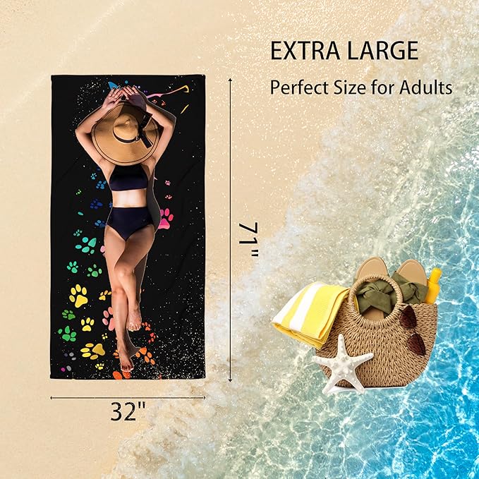 Colorful Dog Paw Oversized Sand Free Beach Towel – 71"X32" Lightweight Quick Dry Microfiber Terry Towel For Travel, Swimming, Pool, And Camping, Absorbent And Compact Beach Essential For Women Men