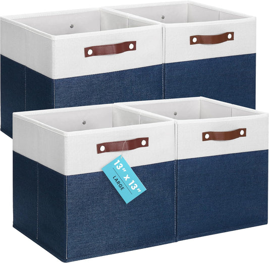OrganiHaus 13x13 Cube Fabric Storage Bins Set of 4, Fabric Storage Cubes w/ Vegan Handles, 13 inch Collapsible Bins for Clothes & Toy Organizer, Cubbies Organizer, 13x13 Basket for Decor - Navy Blue