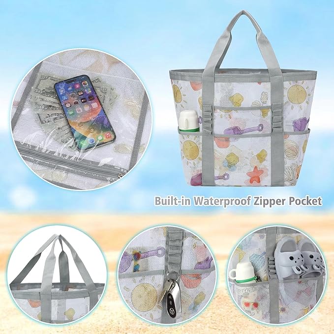 Mesh Beach Bags for Women - Family Beach Tote Bag for Toys, Towels, Travel Vacation Cruise Essentials
