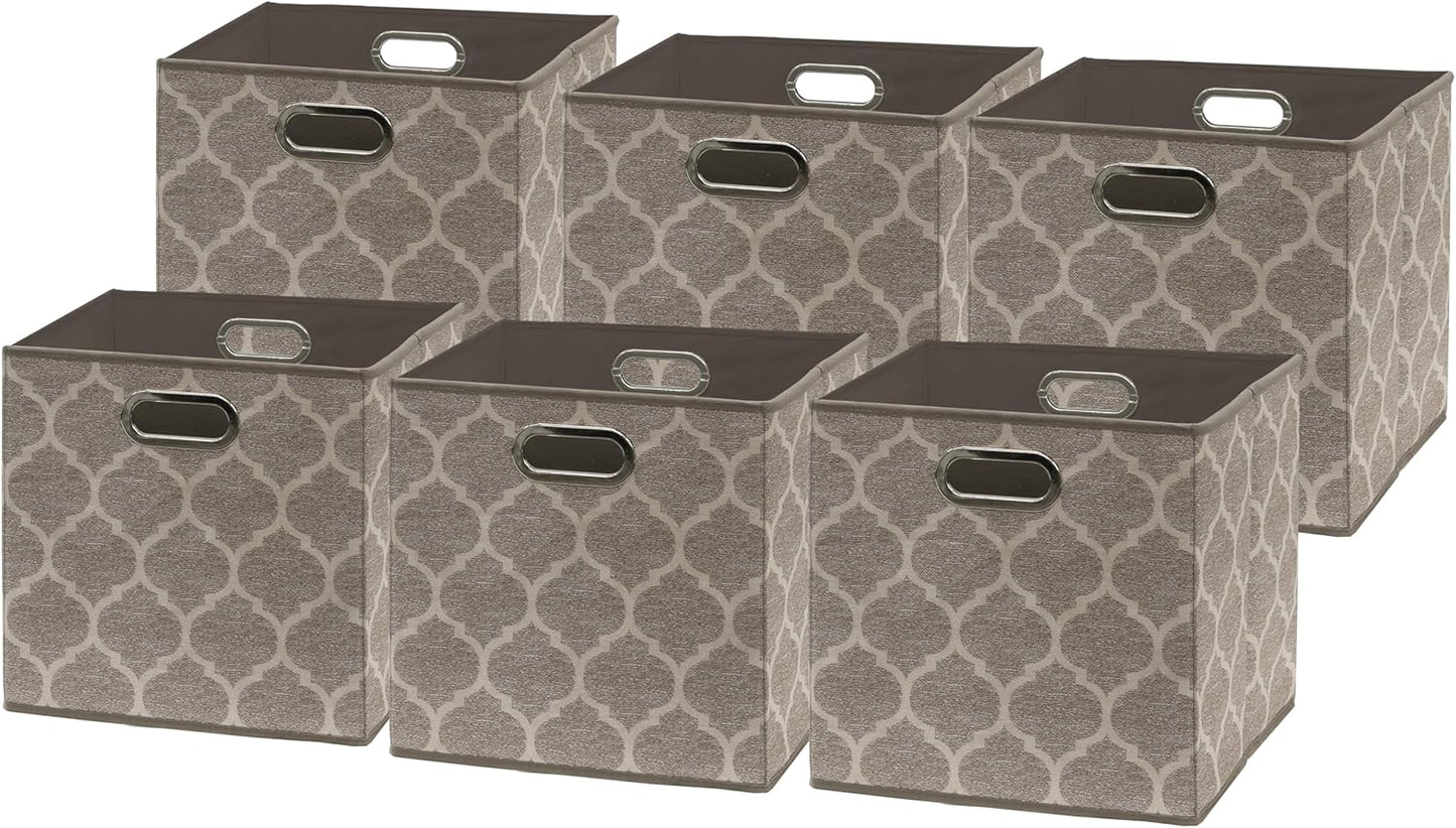 SIMPLE HOUSEWARE 11-Inch Collapsible Fabric Cube Storage Bin with Handles, Printed Design, 6 Pack, Beige