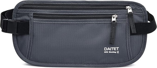 RFID Blocking Money Belt for Men Women, Slim Fanny Pack for Travel，Running,Conceal Waist Wallet for Passport Holder,Phone,Cash(Dark Grey)