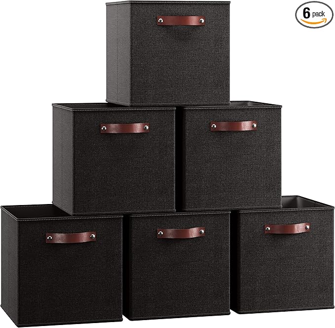 Ornavo Home 13 x 13 Storage Cube Bins, Foldable Collapsible Fabric Storage Bins Box Linen Shelf Basket Cube Organizer for Closet with Leather Handles, 6 Pack, Black