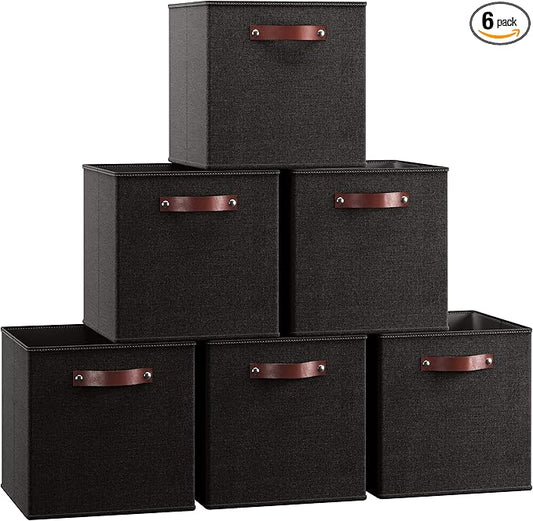 Ornavo Home 11 x 11 Storage Cube Bins, Foldable Collapsible Fabric Storage Bins Box Linen Shelf Basket Cube Organizer for Closet with Leather Handles, 6 Pack, Black