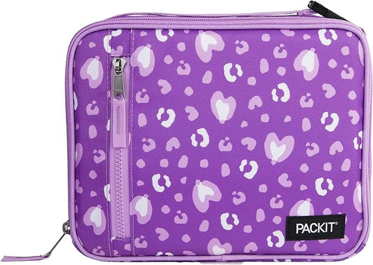 PackIt(R) Freezable Classic Lunch Box, Leopard Hearts Purple, Built with EcoFreeze(R) Technology, Reusable, Zip Closure With Zip Front Pocket and Buckle Handle, Designed for Fresh Lunch On the Go