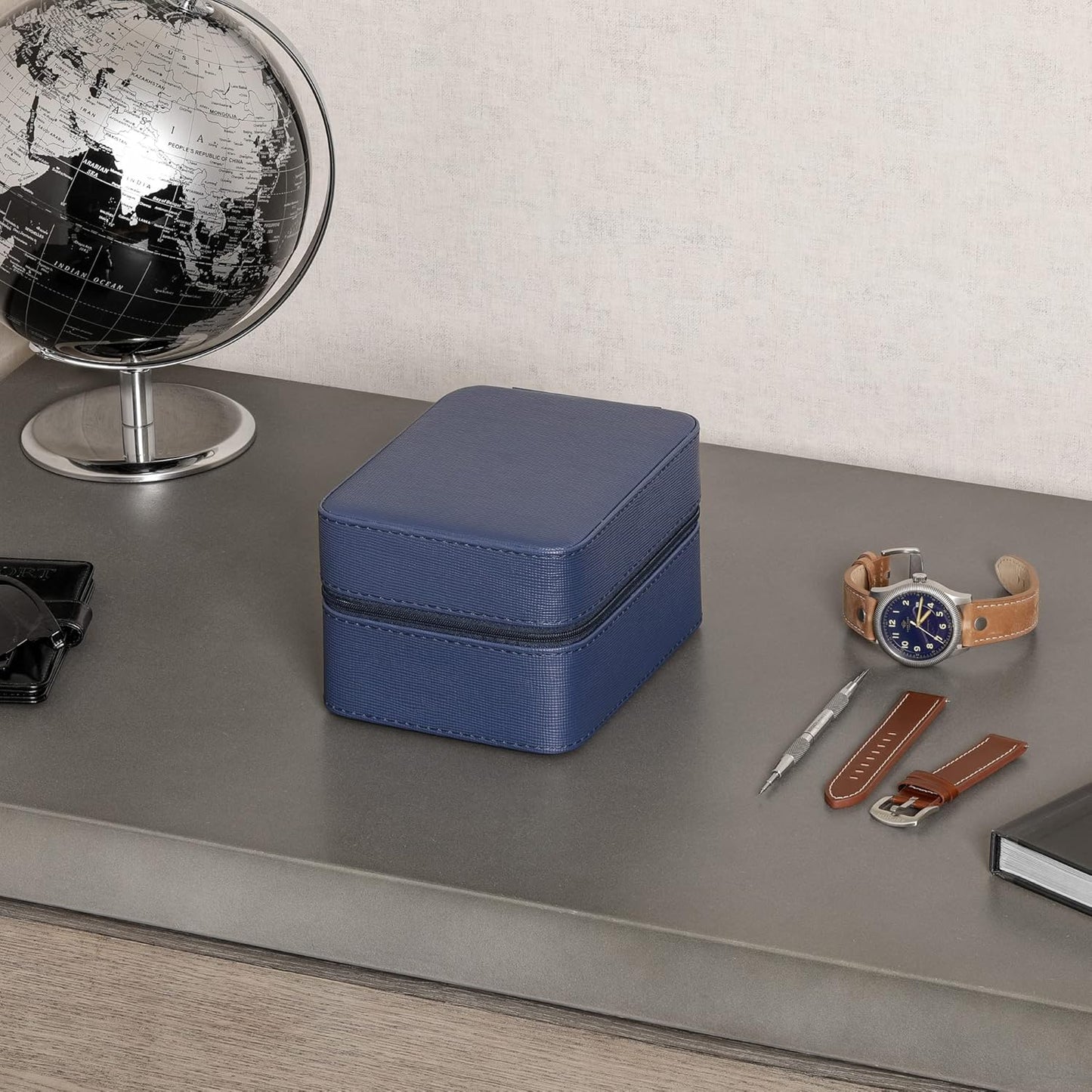 ROTHWELL 5 Watch Travel Case Storage Organizer for 5 Watches | Tough Portable Protection w/Zipper Fits All Wristwatches & Smart Watches Up to 50mm (Blue/Tan)