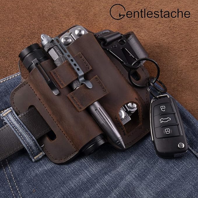 Gentlestache Multitool Belt Sheath, EDC Leather Belt Organizer, Belt Holder with Multitool Pouch, Flashlight Holder, Pen Holder and Keychain Clip, Practical EDC Belt Pouch for Men