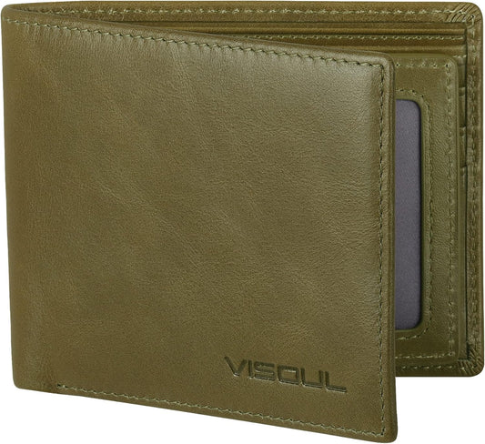 VISOUL Men's Bifold Wallet with 2 ID Windows, Genuine Leather Card Holder Front Pocket Wallet with RFID Blocking for Men (Green)