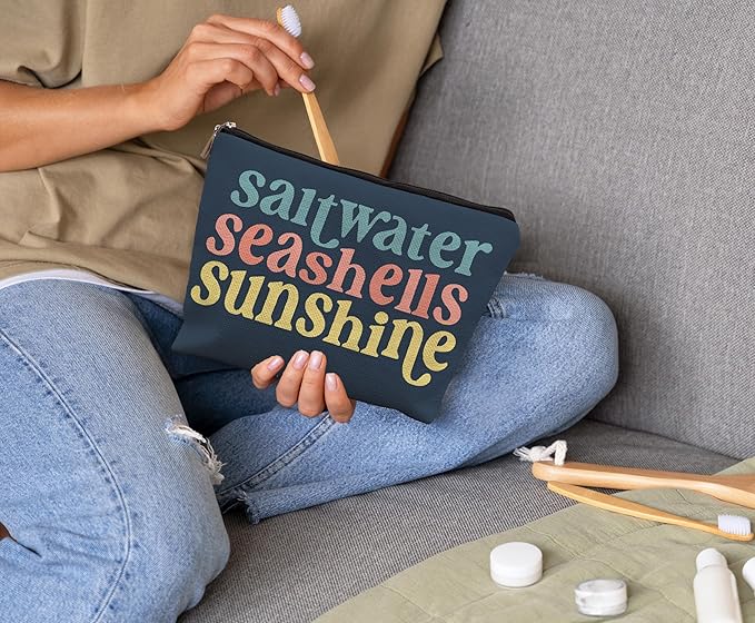 Beach Makeup Bag,Sunscreen Summer Travel Makeup Pouch,Saltwater Seashells Sunshine Travel Cosmetic Zipper Bags for Women,Beach Gifts for Women (color-03)