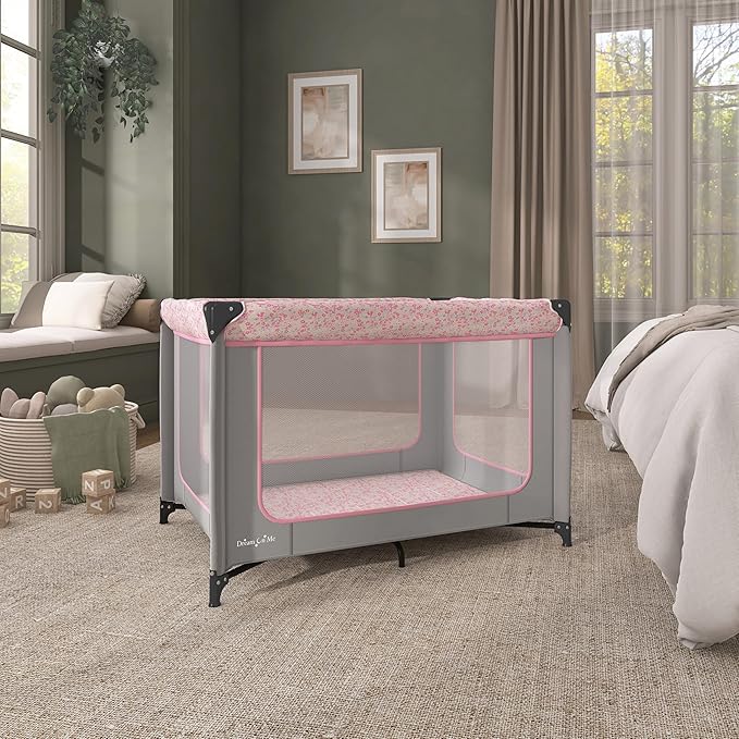 Dream On Me Zodiak Baby Playard, Breathable Mesh Sides, Soft Comfortable Mattress, Quick & Easy to Fold with Travel Carry Bag, Compact Space Saving Design - Grey & Pink