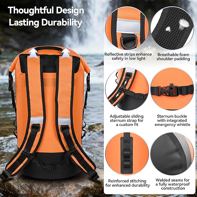 MARCHWAY Floating Roll Top Dry Bag, Flexible Lightweight TPU Waterproof Backpack 20L/30L/40L with Padded Straps for Boating, Kayaking, Swimming, Hiking, Beach (Orange, 20L)