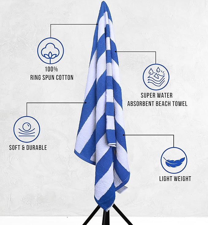 Utopia Towels 4 Pack Cabana Stripe Beach Towel, 30 by 60 Inches, Oversized 100% Ring Spun Cotton Pool Towels, Highly Absorbent Quick Dry Bath Towels for Beach, and Swim, Blue