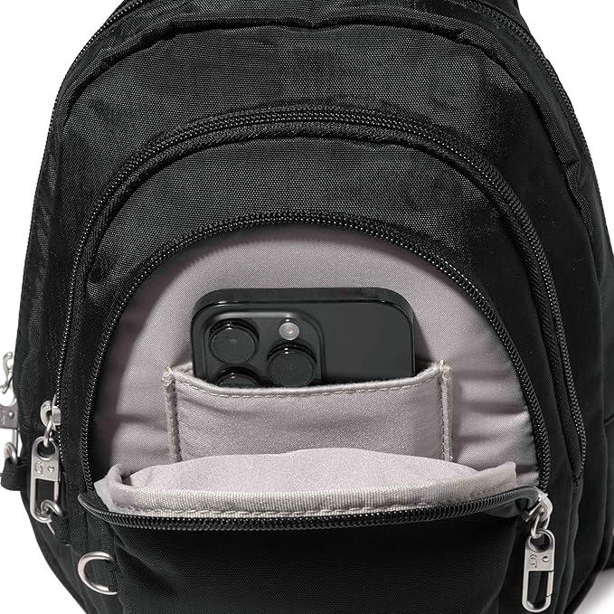 Baggallini Securtex® Anti-Theft Triple Zip Sling - Travel Backpack Sling Bag Crossbody - RFID Wallet Locking Zipper
