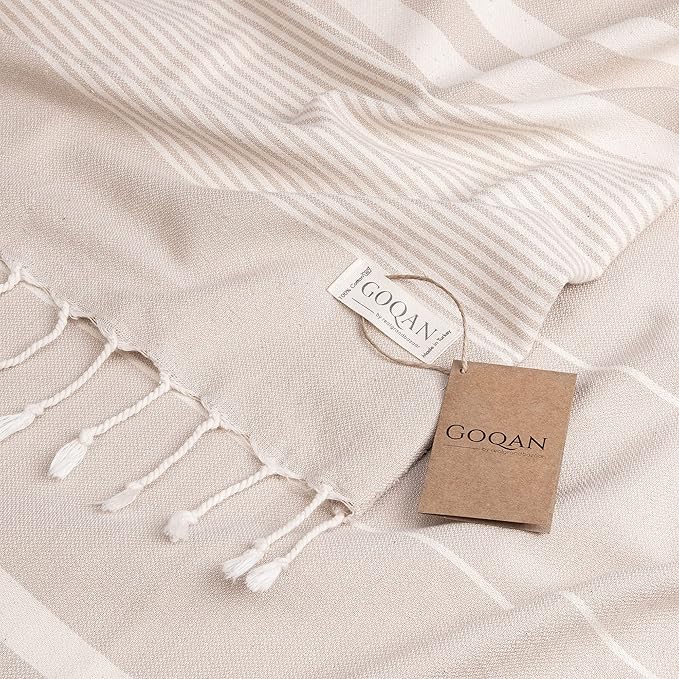 GOQAN Turkish Beach Towel Oversized 39x71 | Thin, Lightweight, 100% Cotton and Sand Free Towel is Suitable for Beach, Bathroom, Pool, Travel & Swim - Beige