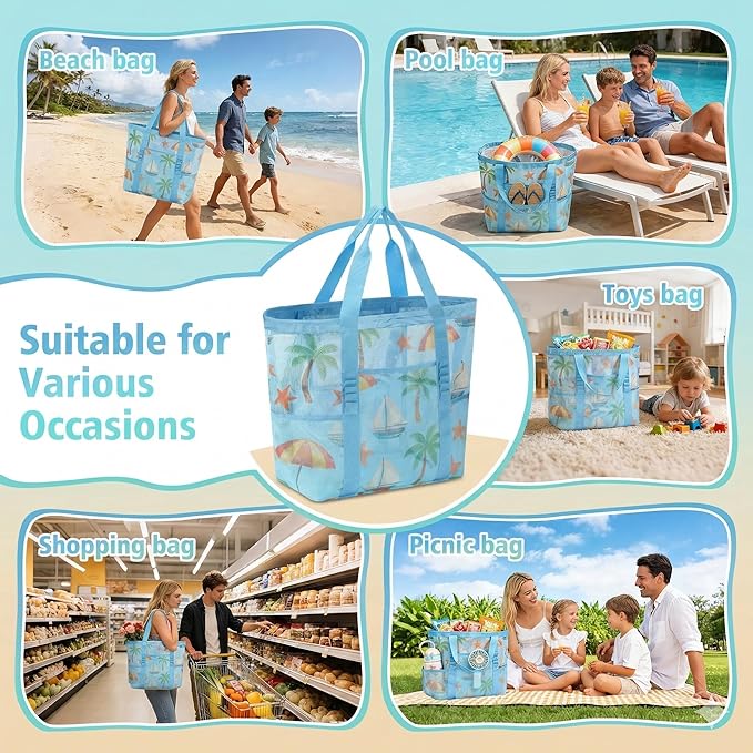 Mesh Beach Bags for Women - Family Beach Tote Bag for Toys, Towels, Travel Vacation Cruise Essentials
