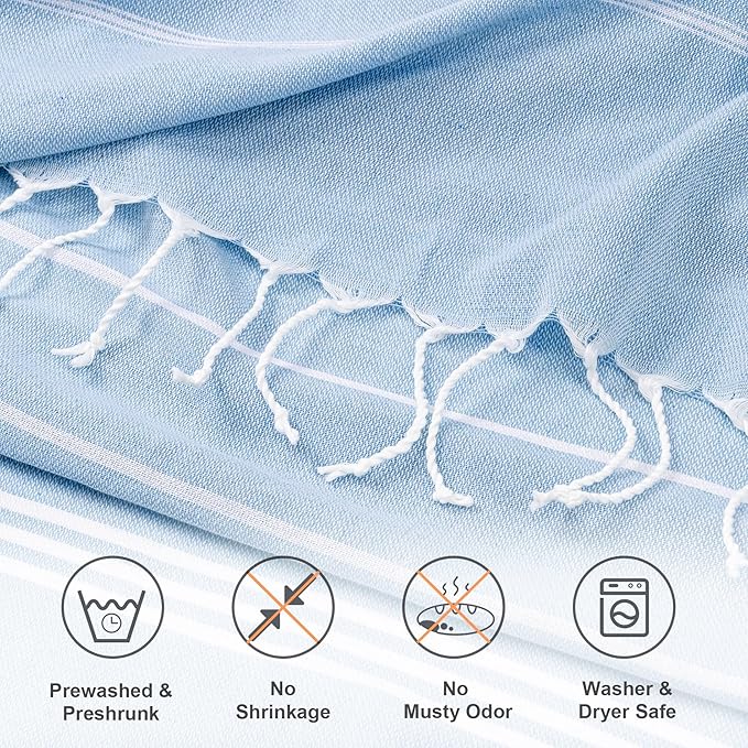 Turkish Beach Towel, 36"x71" Quick Dry Sand Free Oversized Bath Pool Swim Towel, Lightweight Travel Turkish Towels Vacation Essentials, Light Blue
