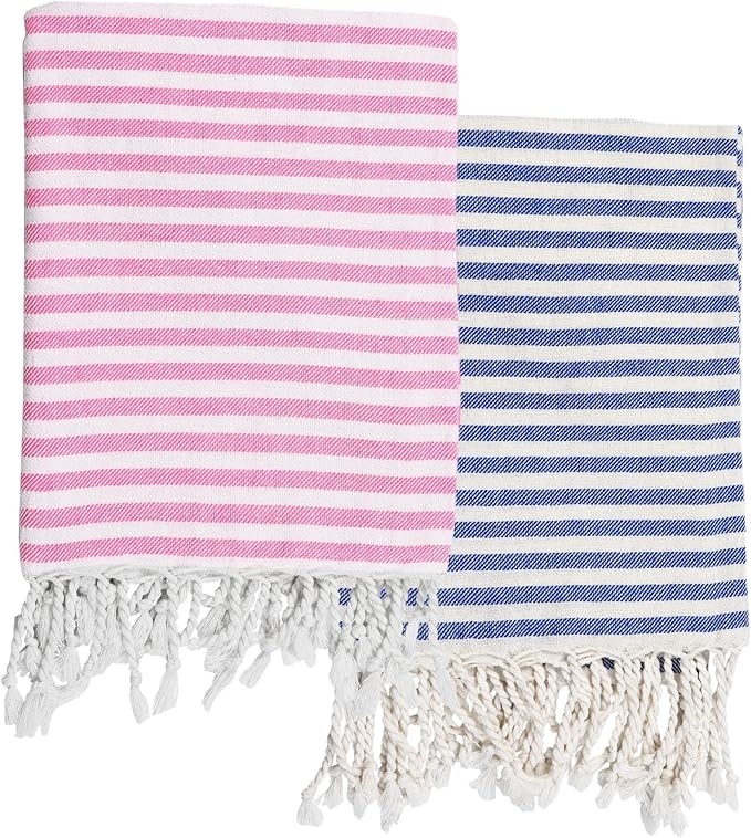 2 Pack Turkish Striped Beach Towels Bulk Oversized 39"x71" Large Bath and Pool Set Quick Dry Lightweight Travel Towel for Adult,100% Cotton TEBT-18-2pknay