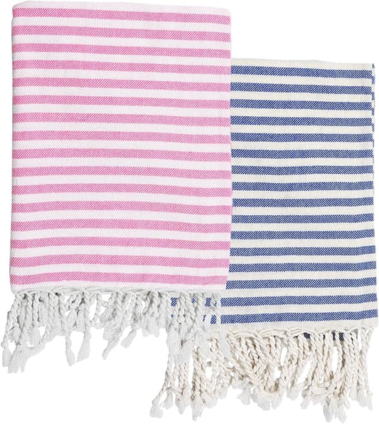 2 Pack Turkish Striped Beach Towels Bulk Oversized 39"x71" Large Bath and Pool Set Quick Dry Lightweight Travel Towel for Adult,100% Cotton TEBT-18-2pknay
