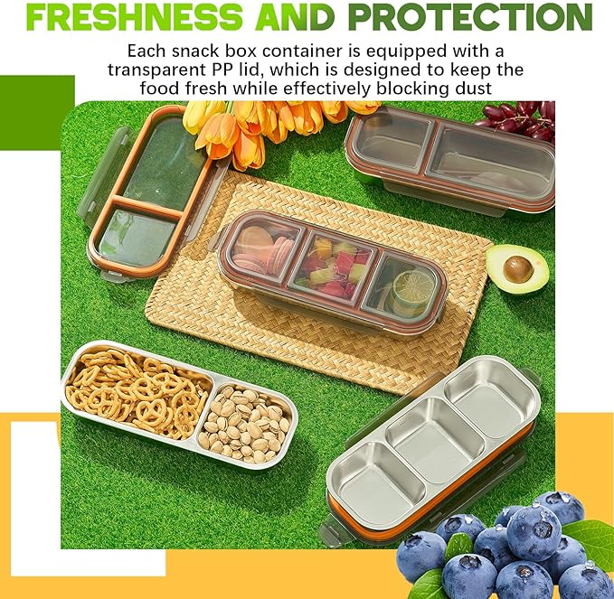 4 Pcs 304 Stainless Steel Lunch Containers Bento Boxes 38oz Salad Multipurpose with 3 and 2 Compartments Winter Party Reusable Large Box with Lids Divided Containers for Snack Dip Sandwich (Black)