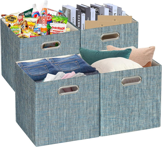Posprica Storage Basket Bins,11×11×11 Foldable Storage Cube Boxes Fabric Drawer for Closet Shelf Cabinet Bookcase - Set of 4,Teal