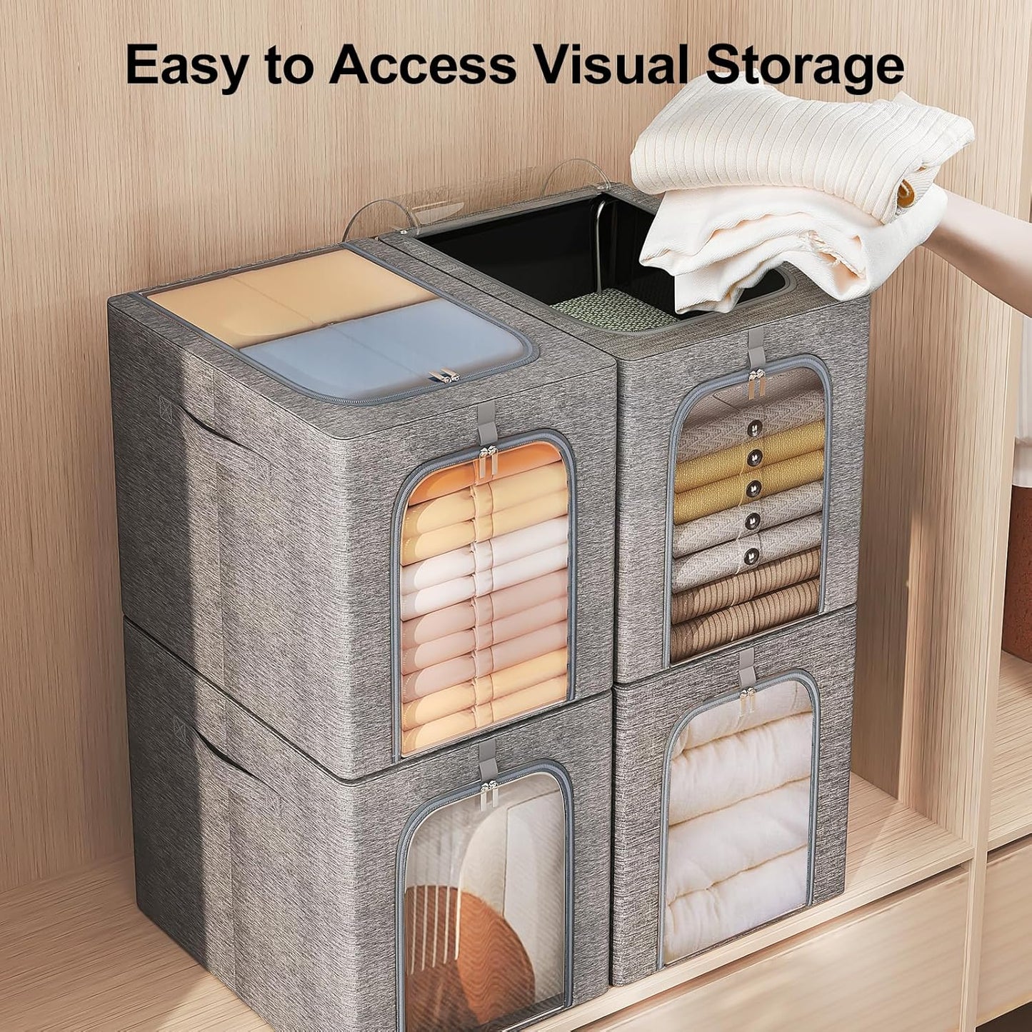 GoMaihe Clothes Storage Bins Metal Frame: 55L Extra Large Stackable Closet Storage Bin with Lid & Clear Window, Heavy Duty Blanket Box for Winter Coats Comforters (Fits Deep Closet 4-Pack)