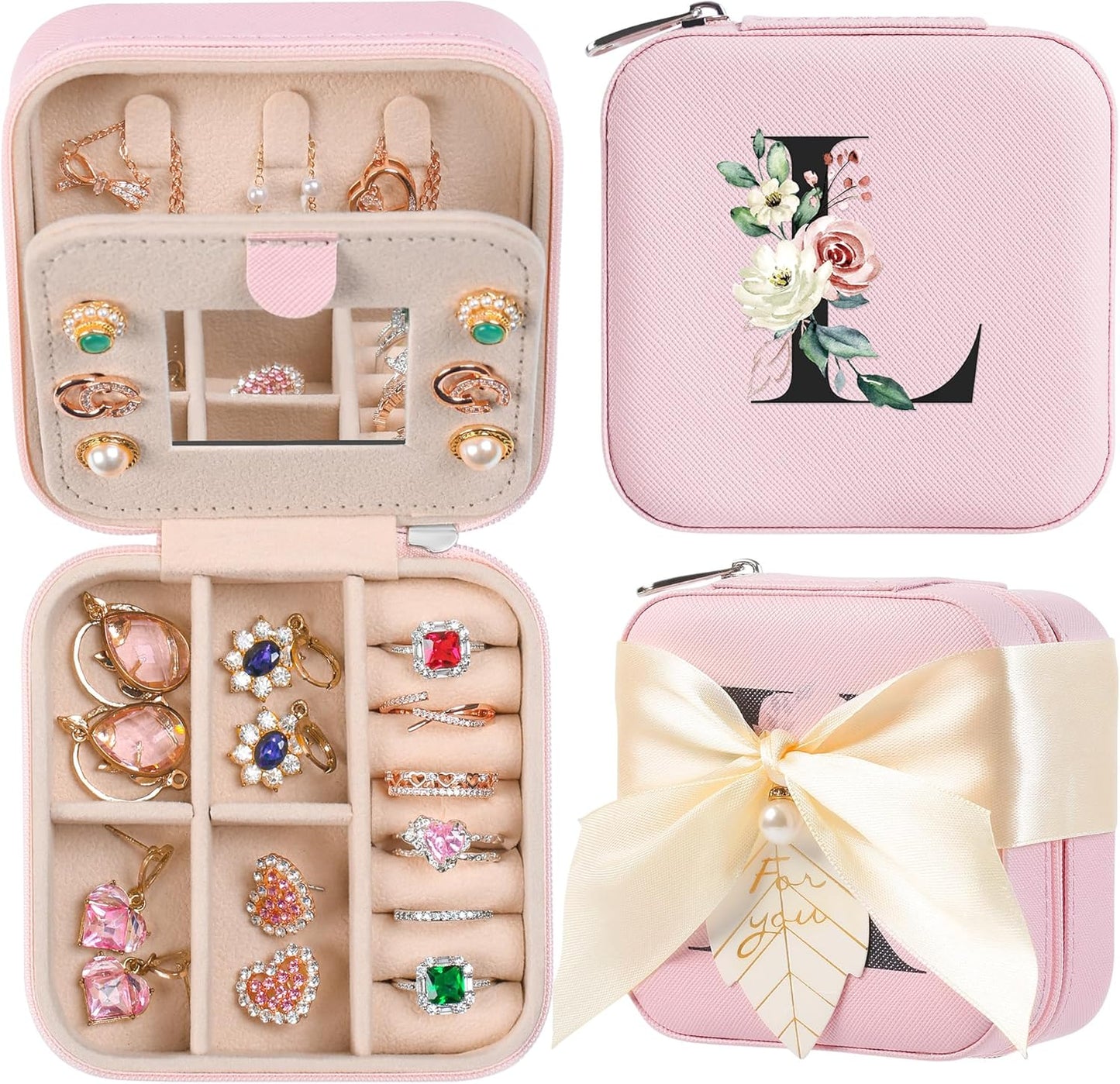 AYGXU Travel Jewelry Box for Women and Girls - Small Case With Initial A-Z - Teacher Gifts