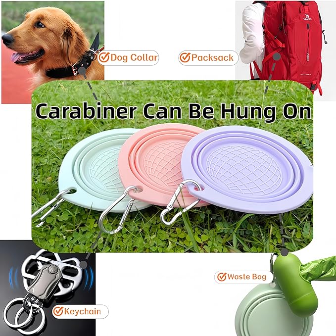 Portable Collapsible Pet Bowl - Food Grade TPR/Silicone, Foldable Dog Cat Travel Bowl with Carabiner for Hiking Camping, Easy Clean & Lightweight (Green)