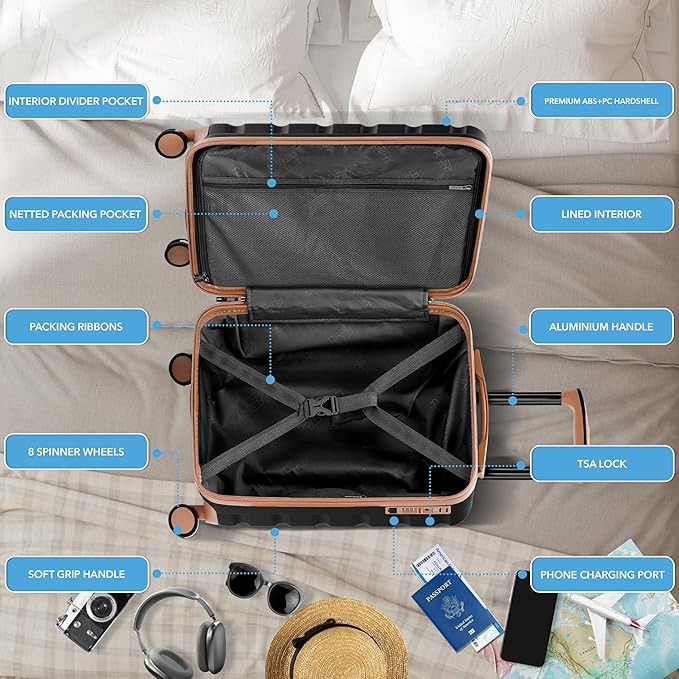 Flight Knight 21.5x15.5x9 Expandable Carry On Suitcase Hardside TSA Lock & USB C Port Lightweight Luggage Silent Double Spinner Wheels Maximum Canada Air Overhead Bag Airlines Approved Black/Tan
