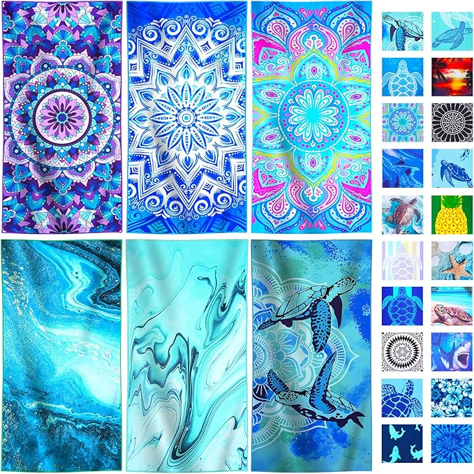 6 Packs Lightweight Thin Microfiber Beach Towel Oversized Quick Dry Compact Sandproof Clearance Towels Sand Free Camping Swimming Pool Easy Pack Adults Marble Turtle Marble Purple Flower Bohemia