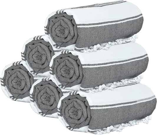 GLAMBURG Peshtemal Turkish Towel Cotton Beach Towels Oversized 36x71 Set of 6, Cotton Beach Towels for Adults, Soft Durable Absorbent Extra Large Bath Sheet Hammam Towel - Black