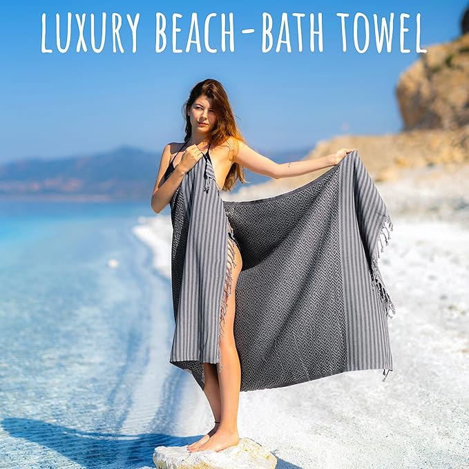 RAY SILVER Turkish Beach Towel – 100% Turkish Cotton 40"x71" Quick Dry Oversized Beach Towel Sand Free Lightweight Turkish Towel for Travel Camping Bath Sauna Beach Pool Gym Yoga