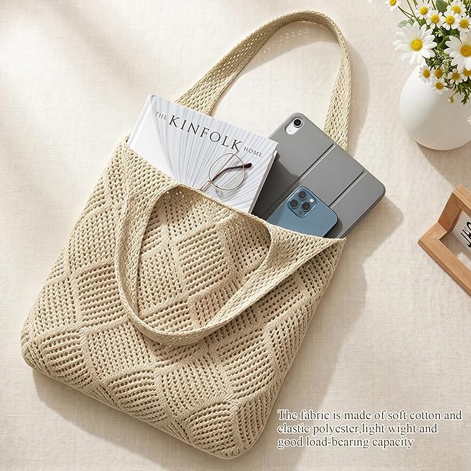 SUOSDEY Crochet Mesh Beach Tote Bag, Knit Summer Vacation Aesthetic Boho Tote Bag for Women