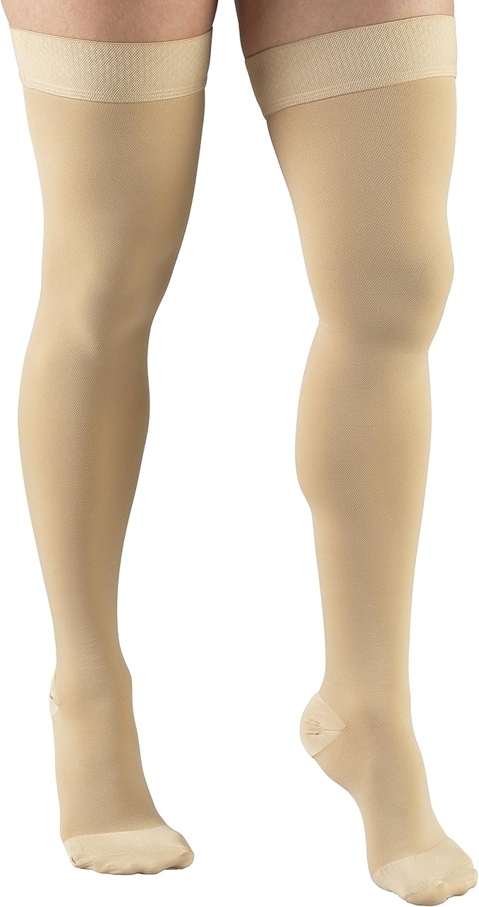 Truform 30-40 mmHg Compression Stockings for Men and Women, Thigh High Length, Dot-Top, Closed Toe, Beige, X-Large