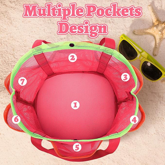 Mesh Beach Bag, Foldable Waterproof Sandproof Beach Storage Tote with 6 Pockets, Swim Tropical Vacation Pool Essential