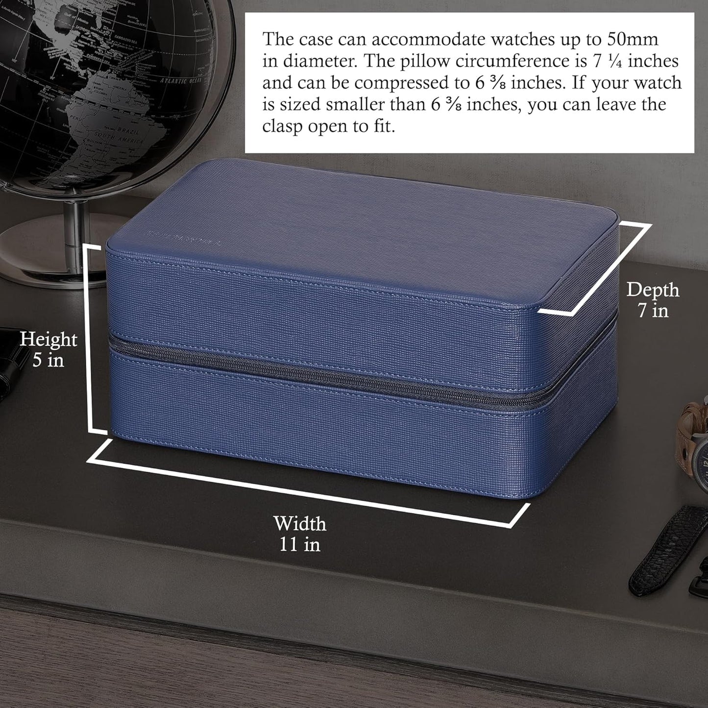 ROTHWELL 8 Watch Travel Case Storage Organizer for 8 Watches, Sunglasses, Rings & Cufflinks |Tough Portable Protection with Zipper Fits Most Wristwatches & Smart Watches Up to 50mm (Blue/Tan)