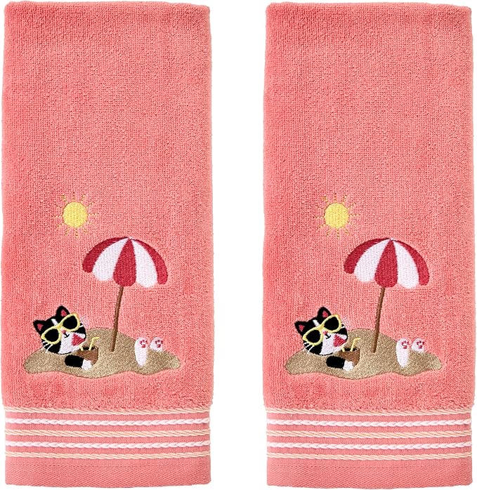 SKL Home Buried Cat Hand Towel 2pc Set for Bath/Kitchen/Bar & Gift, Coral Pink