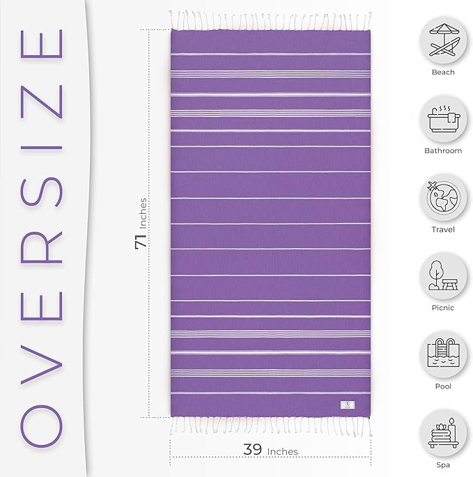 Turkish Beach Towel Soft & Fast Dry Oversized (39" x 71") - Quick Dry, Versatile and Functional as Yoga Mat, Picnic, Camping Blanket, Travel Blanket, Bath Towel - Lilac