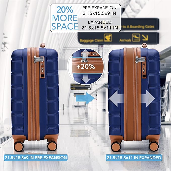 Flight Knight 21.5x15.5x9 Expandable Carry On Suitcase Hardside TSA Lock & USB C Port Lightweight Luggage Silent Double Spinner Wheels Maximum Canada Air Overhead Bag Airlines Approved Navy/Tan