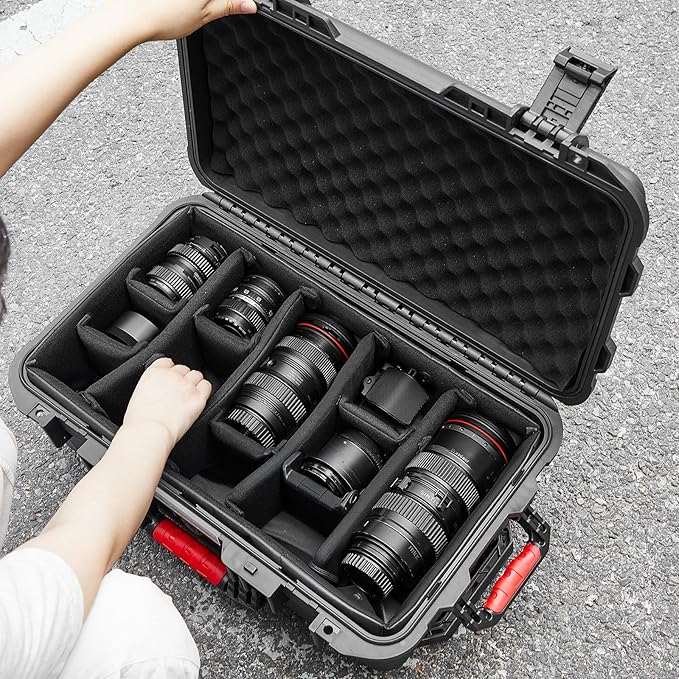 Waterproof Rolling Camera Hard Case 22x14x9 Inch, Impact-resistant Travel Case with Padded Dividers & Wheels for Cameras, Lenses & Accessories(Black)