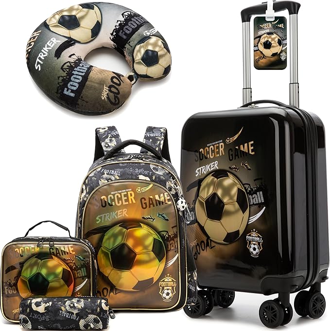 Kid's Football Luggage Set 5 Piece Suitcase Set 16" Hardside Luggage with Spinner Wheels Boys Carry on Toddler Travel Rolling Luggage Airline Approved