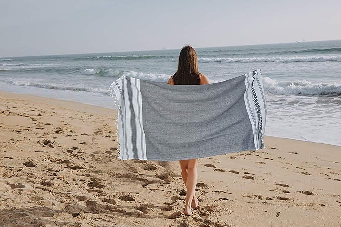 GLAMBURG Peshtemal Turkish Towel Cotton Beach Towels Oversized 36x71 Set of 4, Cotton Beach Towels for Adults, Soft Durable Absorbent Extra Large Bath Sheet Hammam Towel - Charcoal Grey